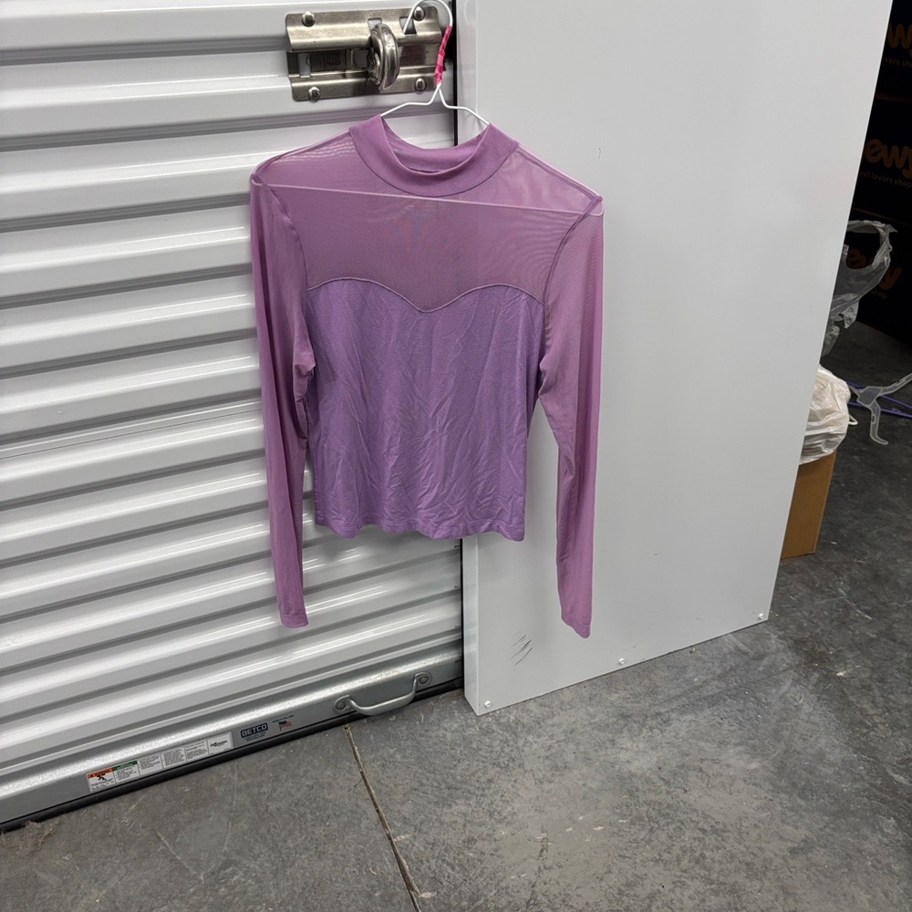 SHEIN Sheer Mock Neck Purple Mesh Long Sleeve Top Blouse L 8/10 M Women’s